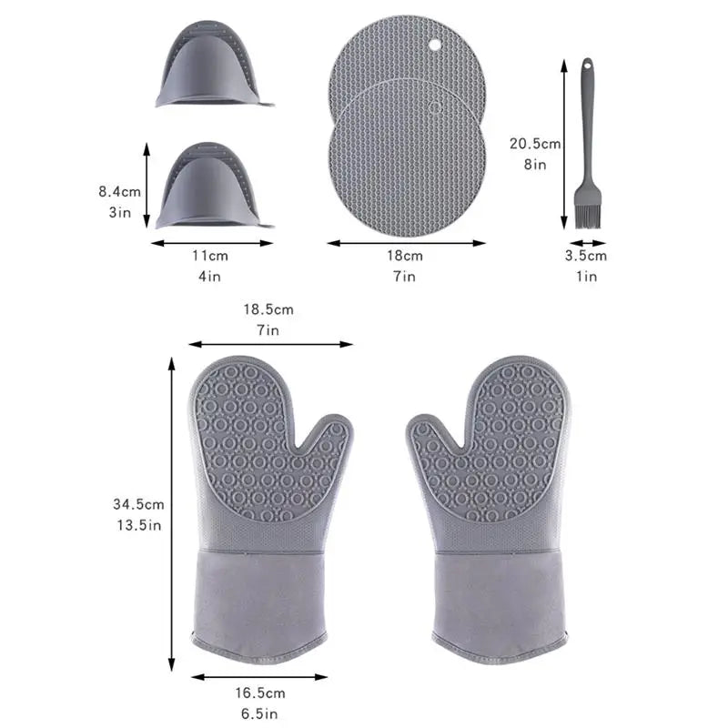 7Pcs/set Microwave Heat Insulation Silicone Gloves, Pot Holder & Hand Clip