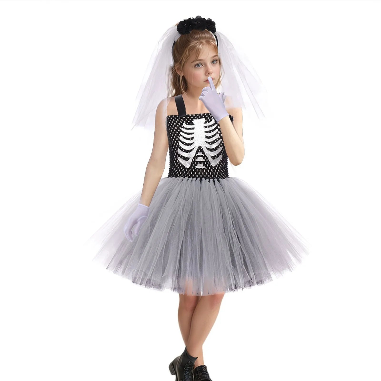 Halloween Kid Skeleton Bride Sleeveless Dress