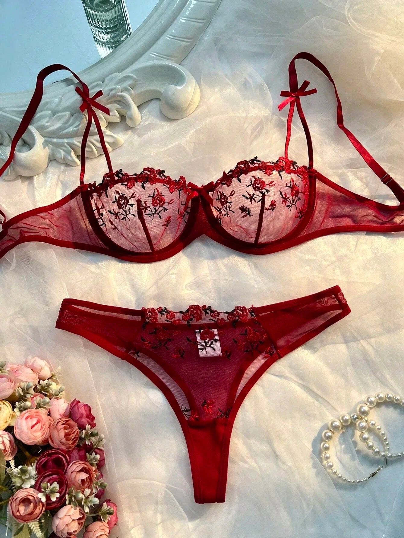 Ladies Embroidery Floral Bras Erotic Underwear Sets