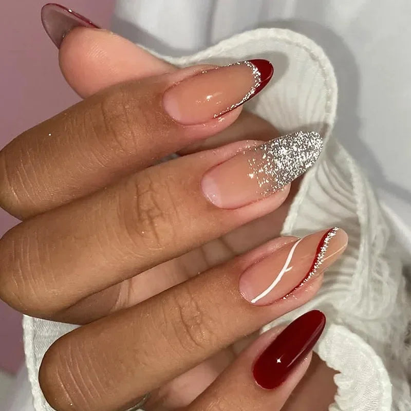 24Pcs Purple Heart Almond with Glue French Wearable Fake Nails