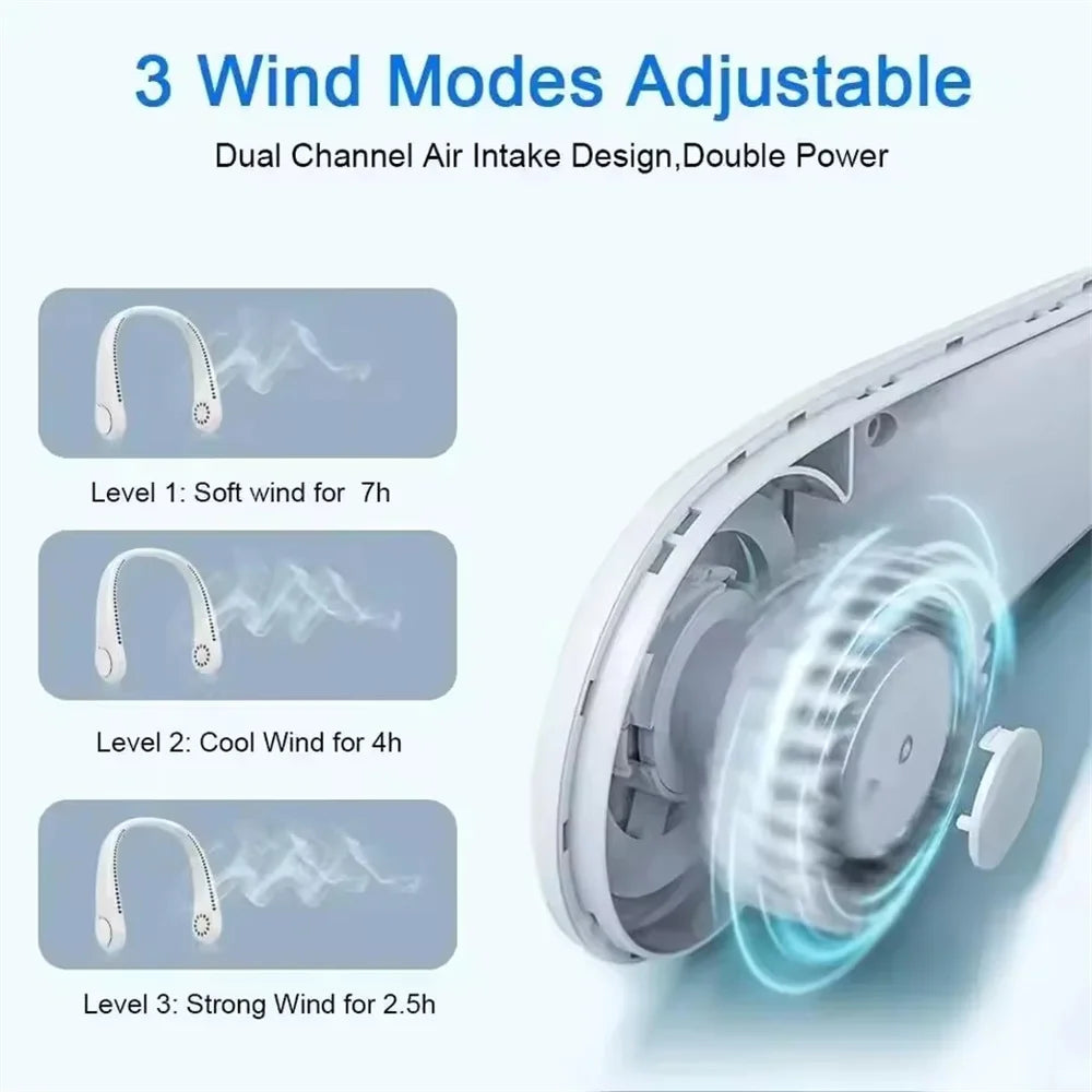 Portable Bladeless Hanging Neck 1200mAh Rechargeable 3 Speed Mini Fans