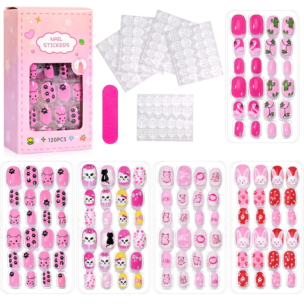120Pcs Children Cartoon Acrylic Fake Nails Tips With Jelly Glue