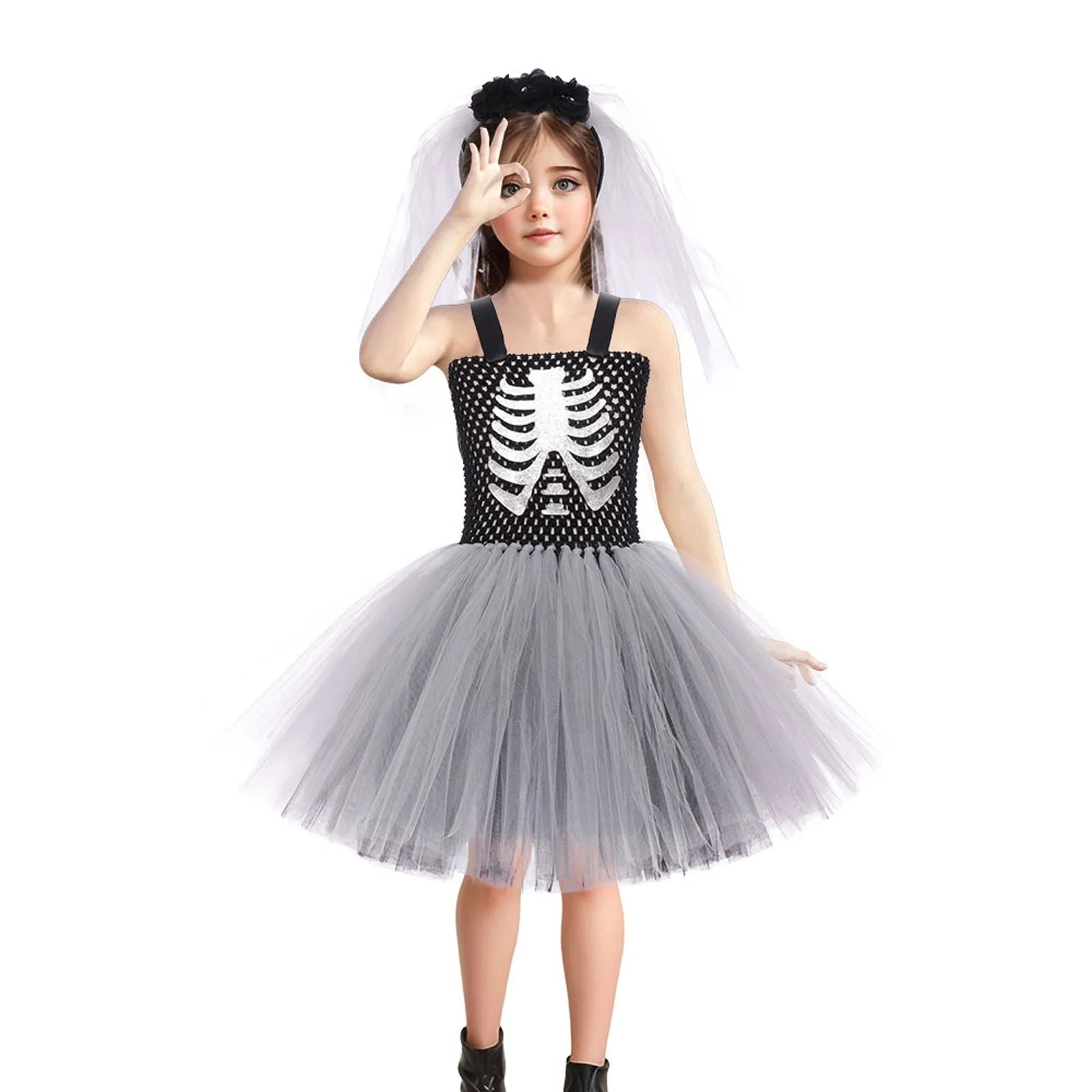 Halloween Kid Skeleton Bride Sleeveless Dress