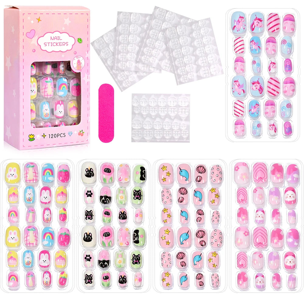 120Pcs Children Cartoon Acrylic Fake Nails Tips With Jelly Glue