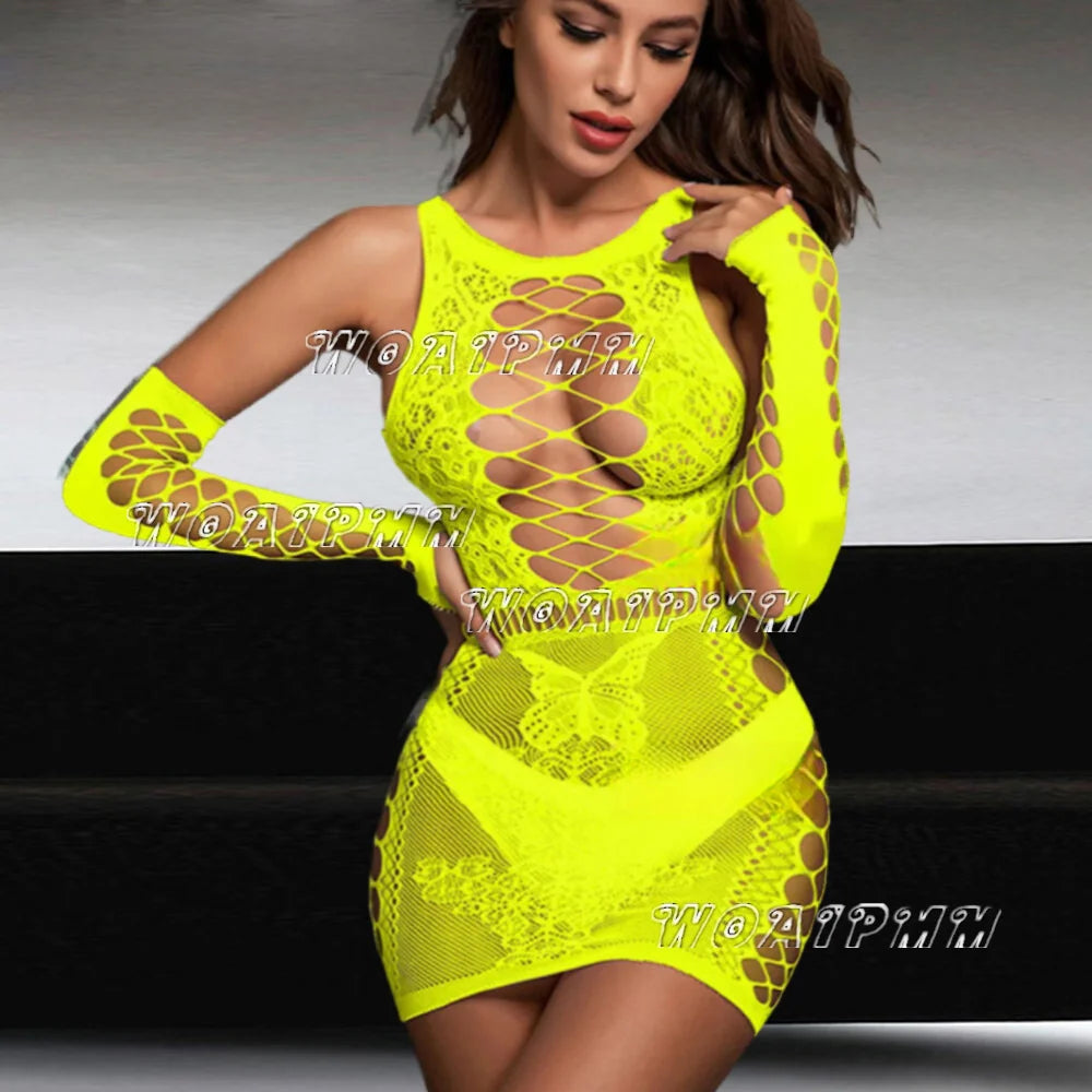 Lady Crotchless Sexy Lingerie Dress With Gloves Erotic Underwear