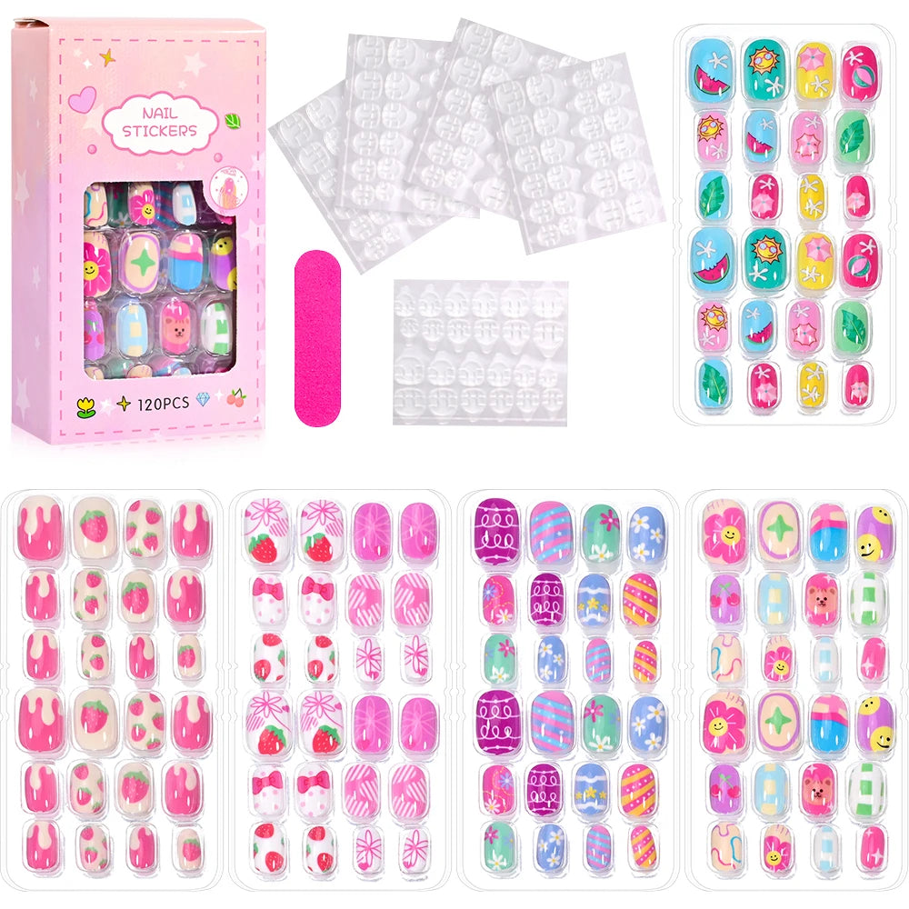 120Pcs Children Cartoon Acrylic Fake Nails Tips With Jelly Glue