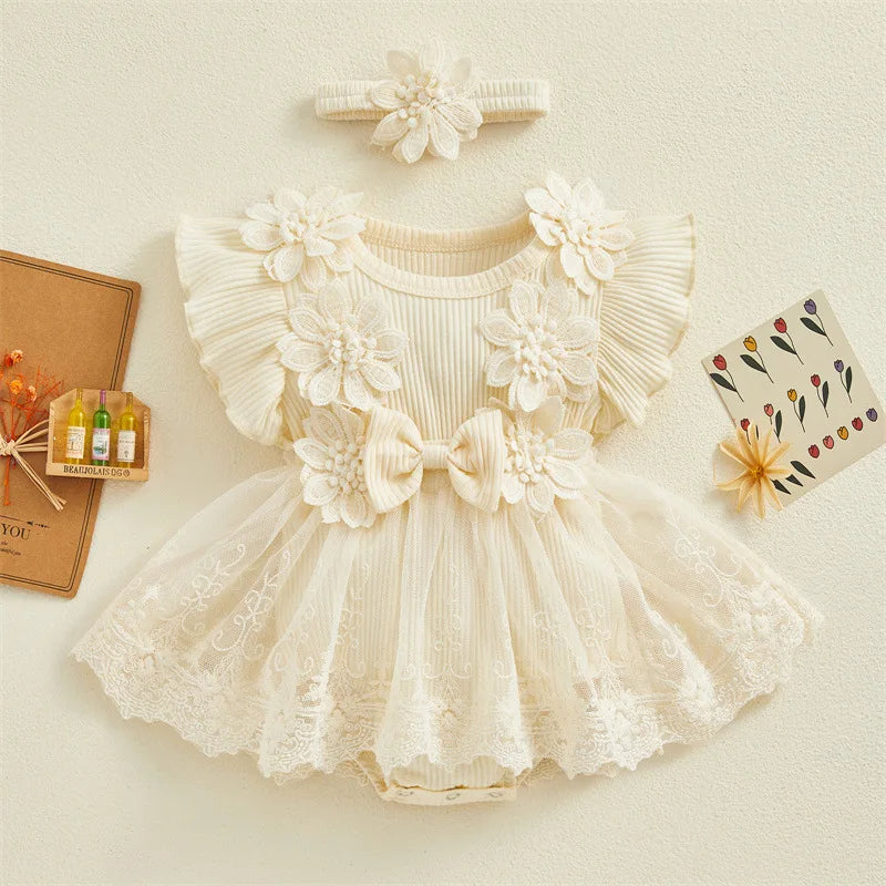 3D Flower Summer Baby Girls Lace Bodysuit Dress