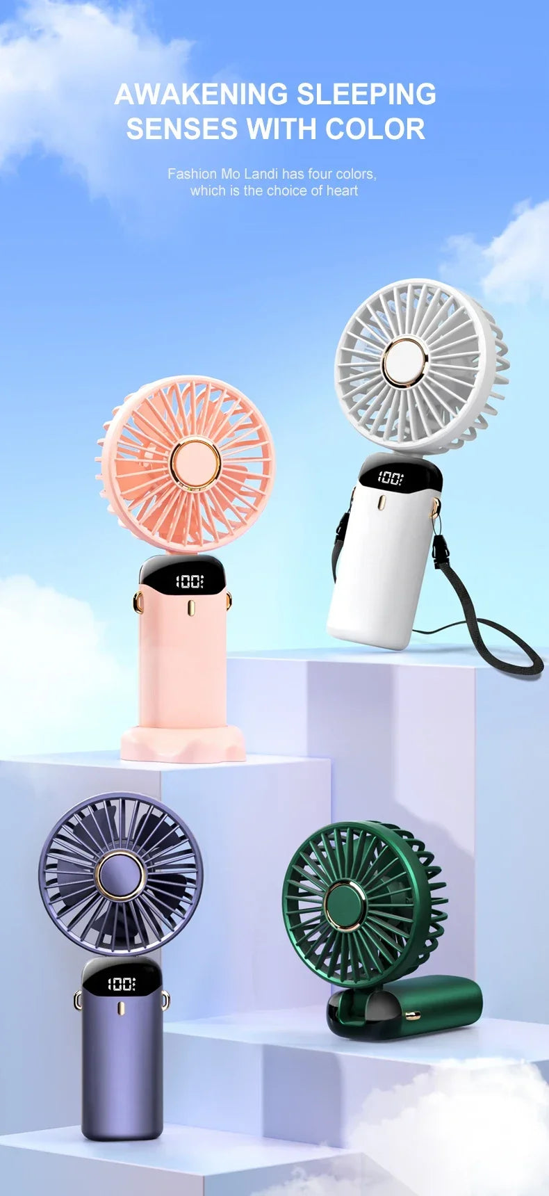 Mini Portable Neck Hanging 5 Speed USB Rechargeable Fan with Phone Stand 1800mAh