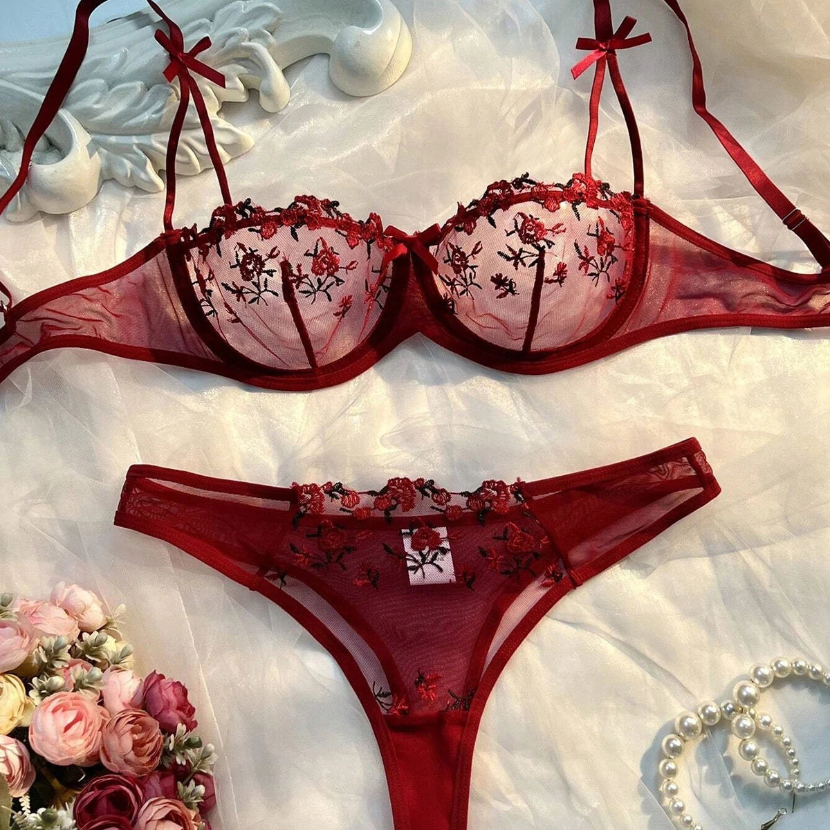 Ladies Embroidery Floral Bras Erotic Underwear Sets