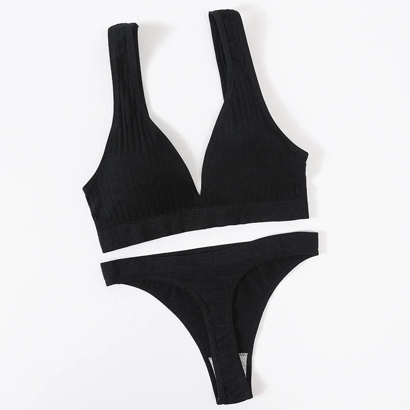 Women Seamless Underwear Deep V Bras Sport Top Lingerie Set