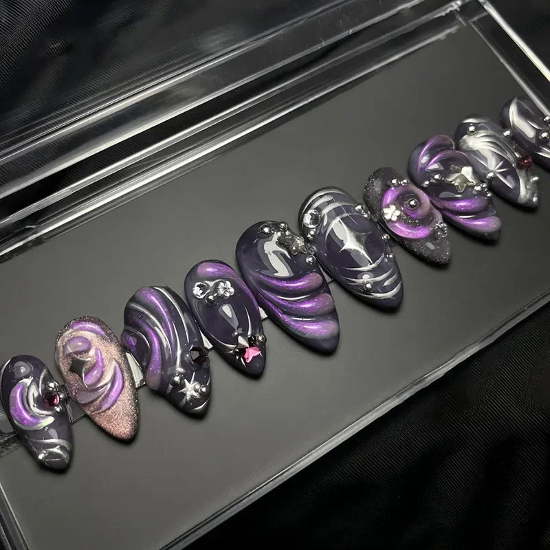 24Pcs Purple Heart Almond with Glue French Wearable Fake Nails