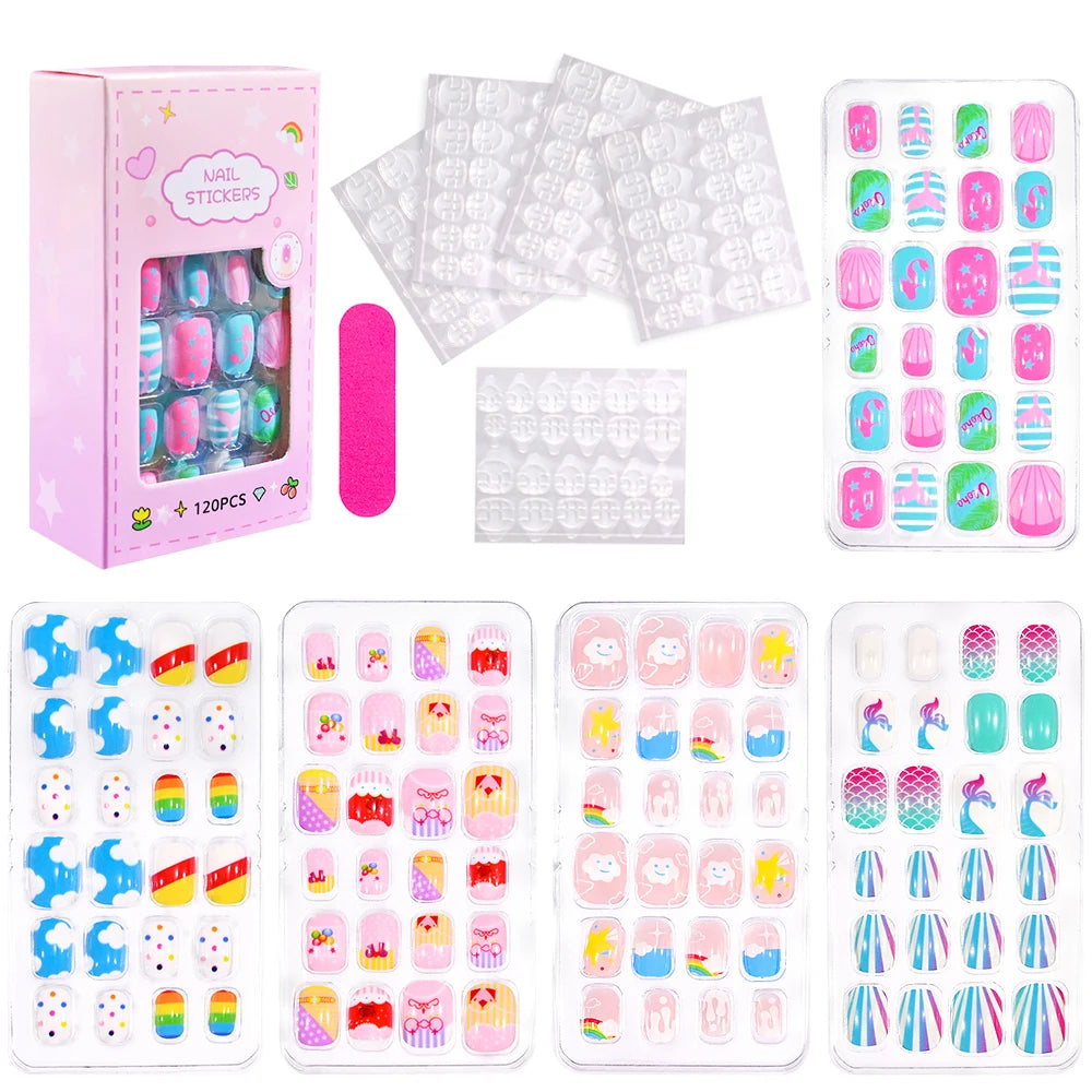 120Pcs Children Cartoon Acrylic Fake Nails Tips With Jelly Glue