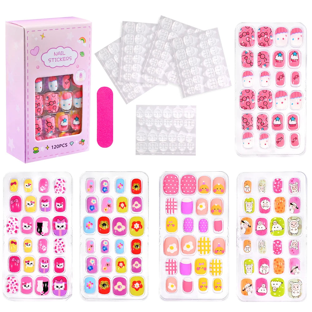 120Pcs Children Cartoon Acrylic Fake Nails Tips With Jelly Glue