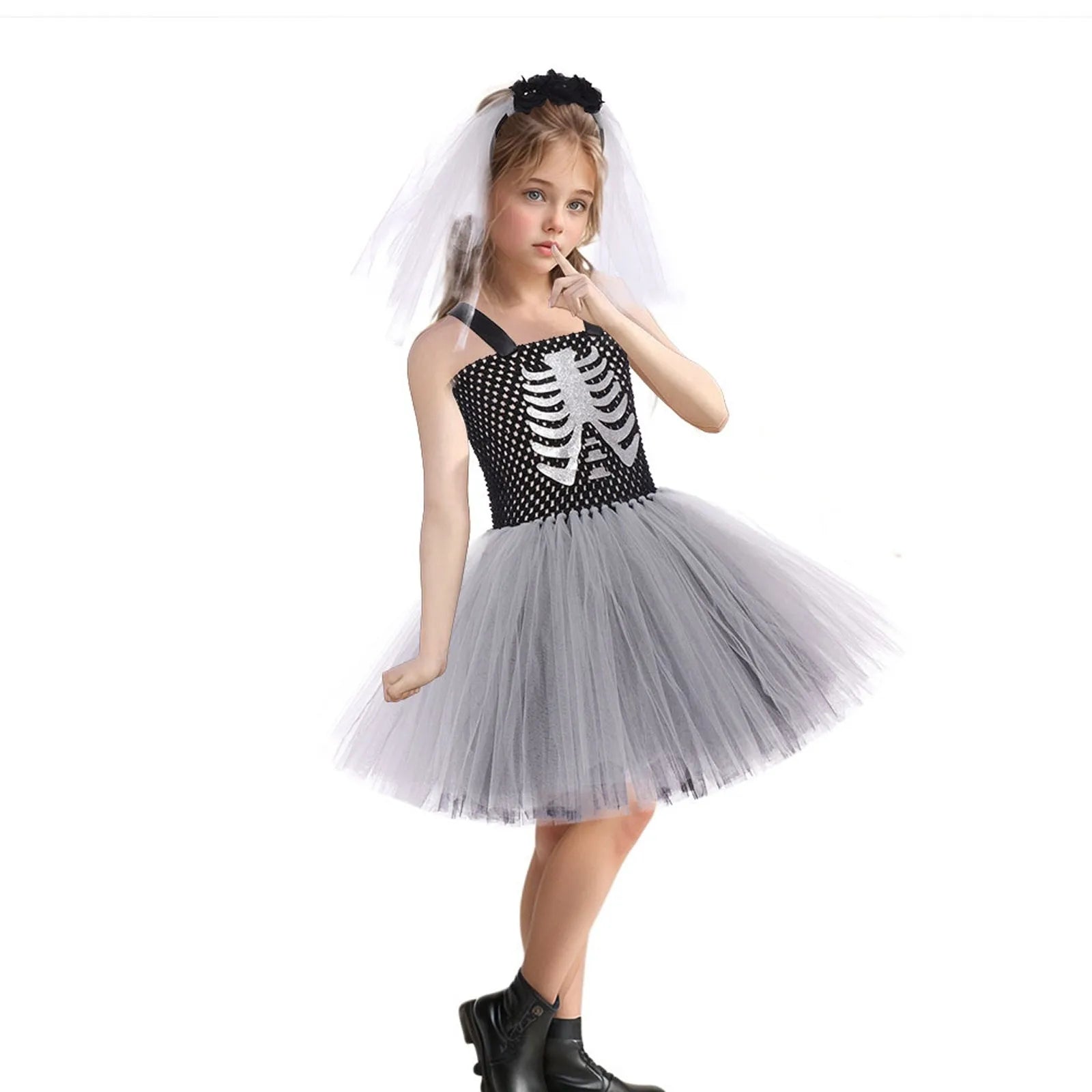 Halloween Kid Skeleton Bride Sleeveless Dress