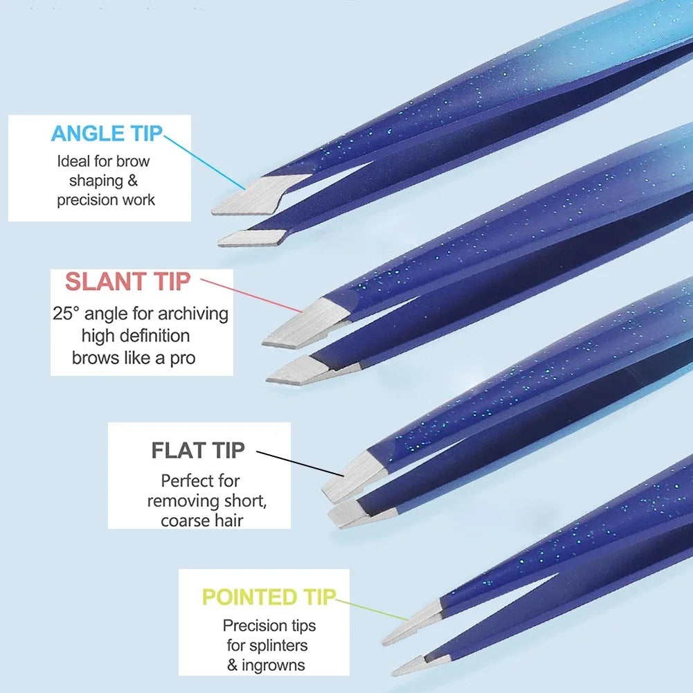 4 Styles Precision Hair & Eyebrow Tweezers Stainless Steel Tools