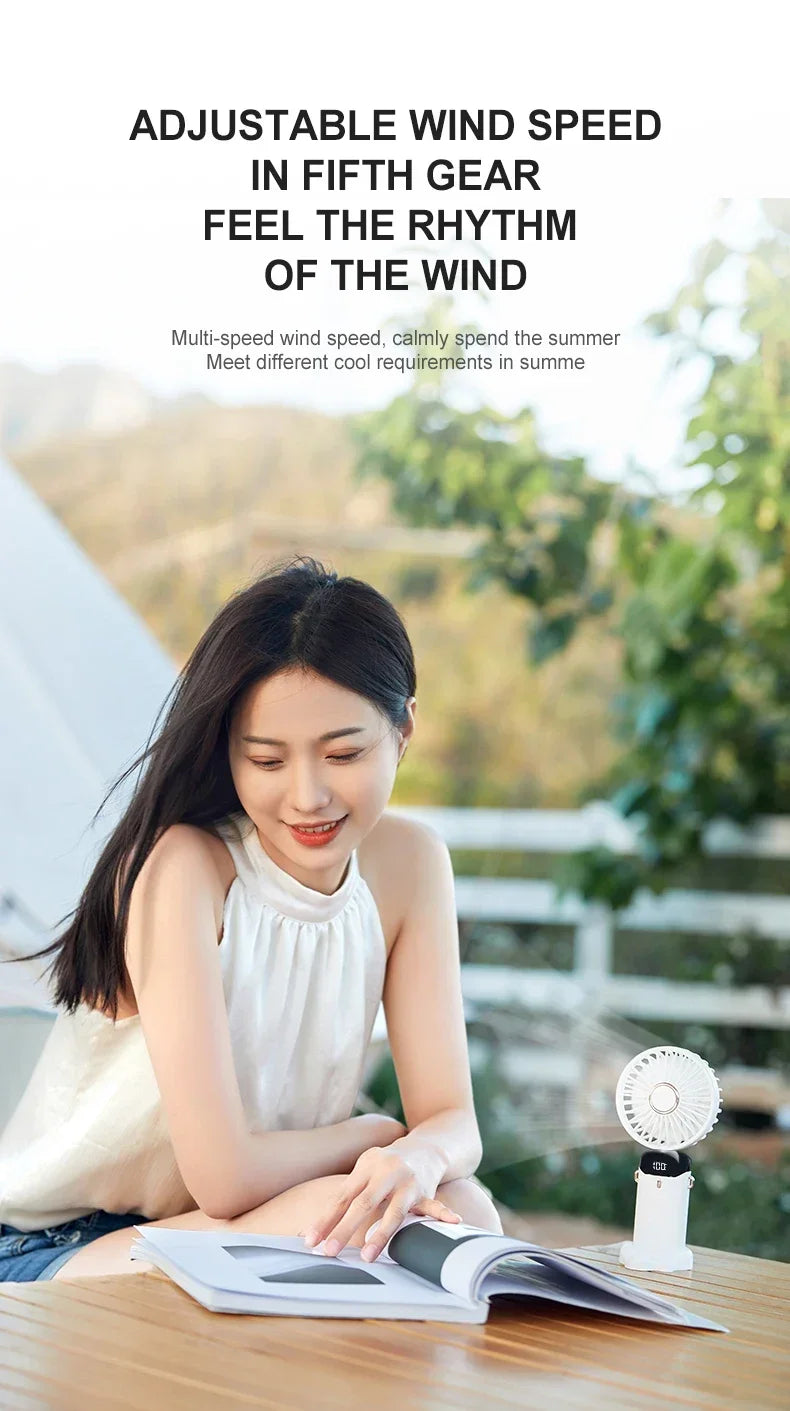 Mini Portable Neck Hanging 5 Speed USB Rechargeable Fan with Phone Stand 1800mAh