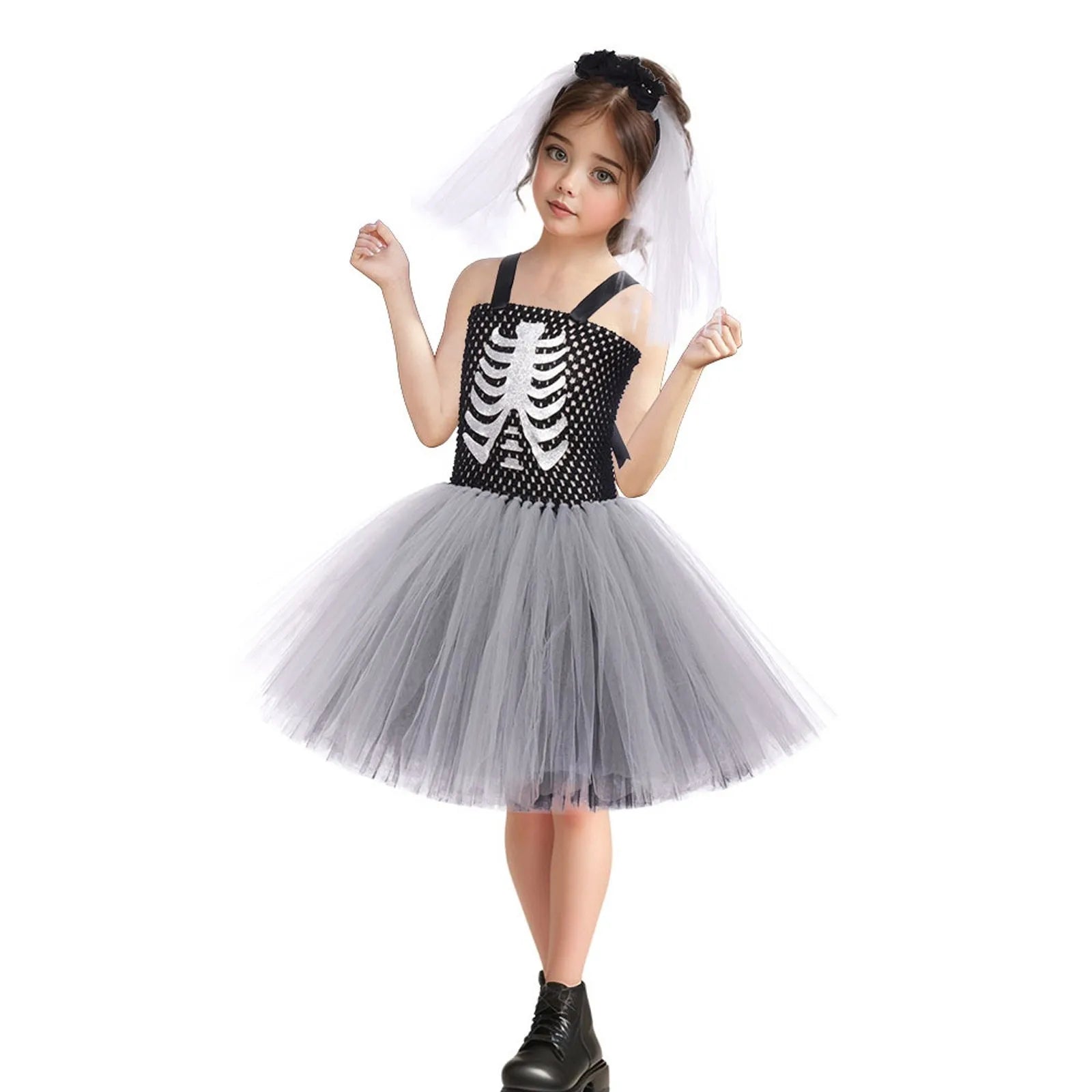 Halloween Kid Skeleton Bride Sleeveless Dress