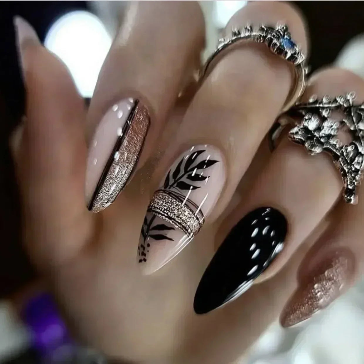 24Pcs Purple Heart Almond with Glue French Wearable Fake Nails