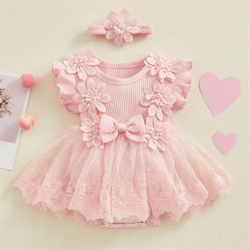 3D Flower Summer Baby Girls Lace Bodysuit Dress