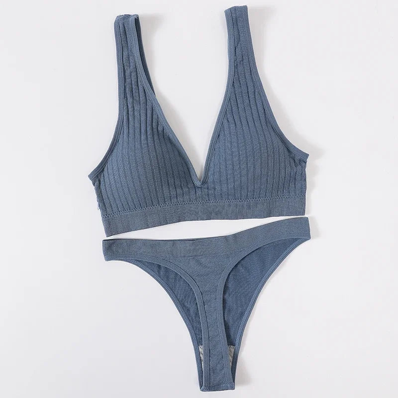 Women Seamless Underwear Deep V Bras Sport Top Lingerie Set