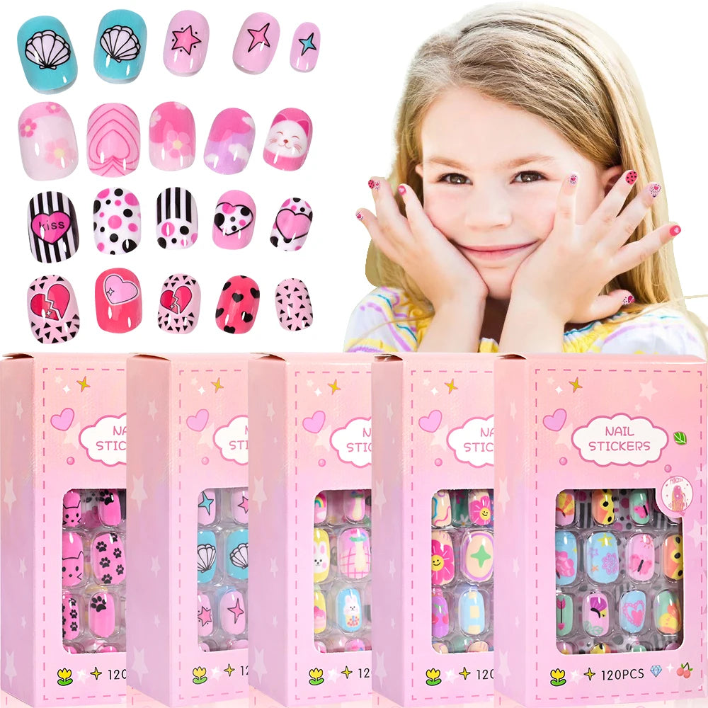 120Pcs Children Cartoon Acrylic Fake Nails Tips With Jelly Glue