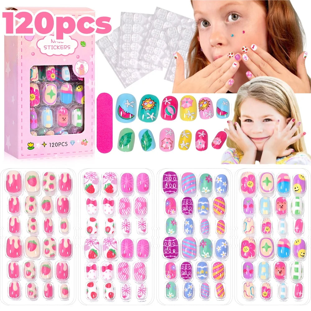 120Pcs Children Cartoon Acrylic Fake Nails Tips With Jelly Glue