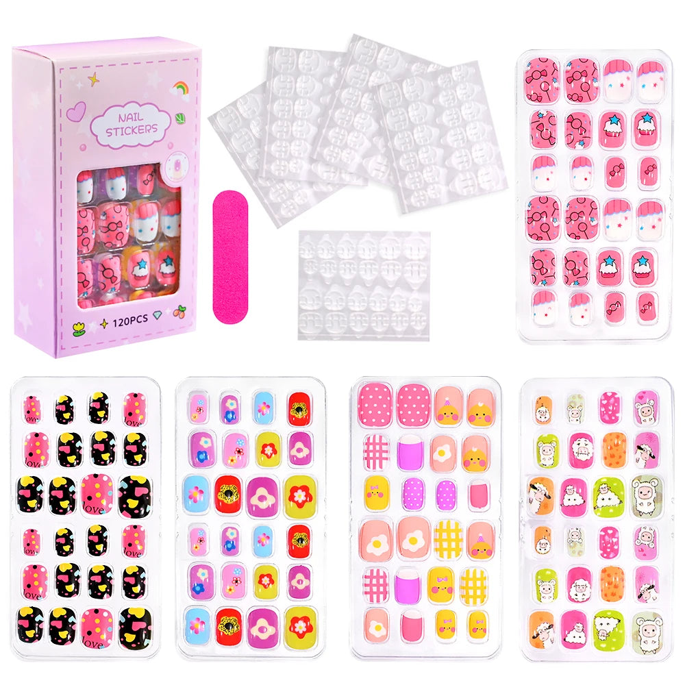 120Pcs Children Cartoon Acrylic Fake Nails Tips With Jelly Glue