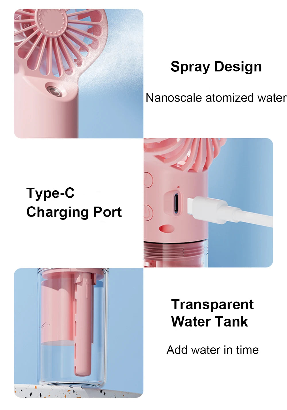 Portable USB Rechargeable with Mini Water Spray Hand Fan