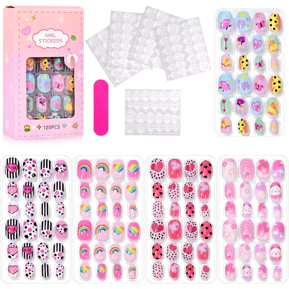 120Pcs Children Cartoon Acrylic Fake Nails Tips With Jelly Glue