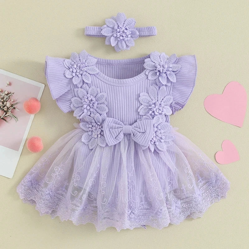 3D Flower Summer Baby Girls Lace Bodysuit Dress